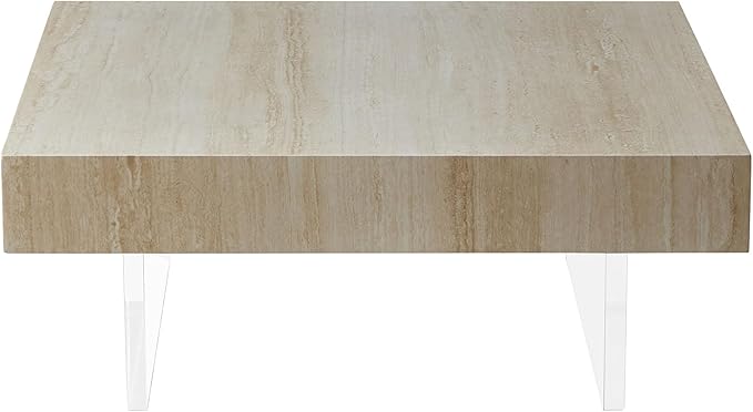 34.65'' Square Faux Travertine Pattern Coffee Table for Living Room, MDF Table, Modern Design Console Table with Acrylic Legs for Office, Apartment, Easy Assembly