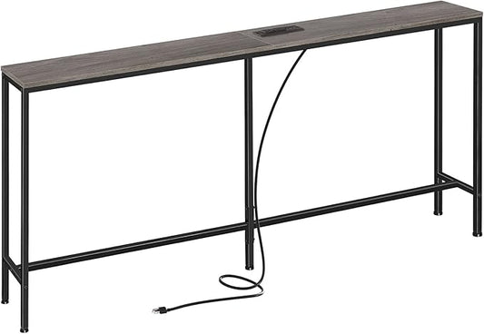 SUPERJARE 70 Inch Console Table with Outlet, Sofa Table with Charging Station, Narrow Entryway Hallway Table, Behind Couch Table, for Living Room, Charcoal Gray