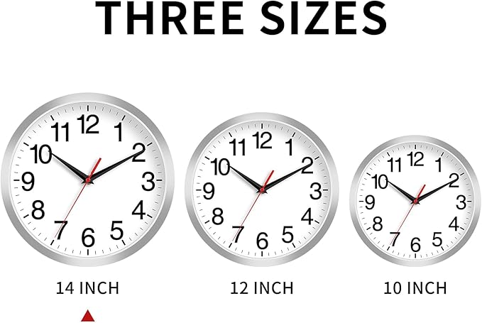 14 Inch Wall Clock Modern Battery Operated Silent Non Ticking Analog Clock Decorative for Bedroom Kitchen Bathroom Office Home Living Room (Silver)