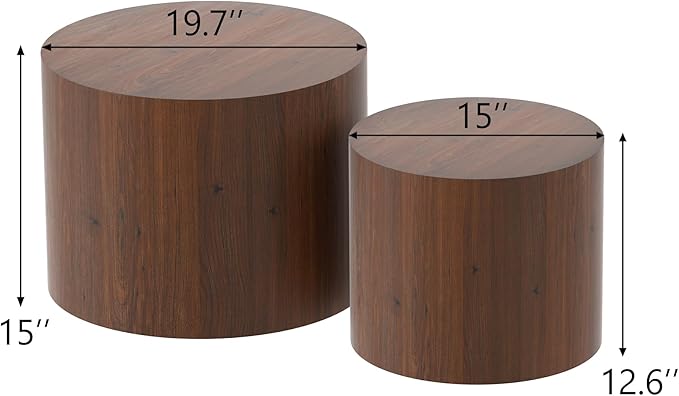 Nesting Coffee Table Set of 2, Round Walnut Wooden Coffee Tables Modern Circle End Table Side Tables for Small Spaces Living Room, Bedroom, Balcony, Office