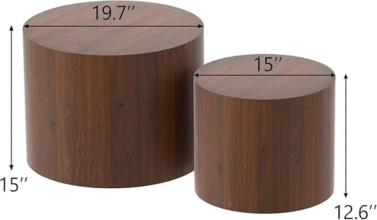 Nesting Coffee Table Set of 2, Round Walnut Wooden Coffee Tables Modern Circle End Table Side Tables for Small Spaces Living Room, Bedroom, Balcony, Office