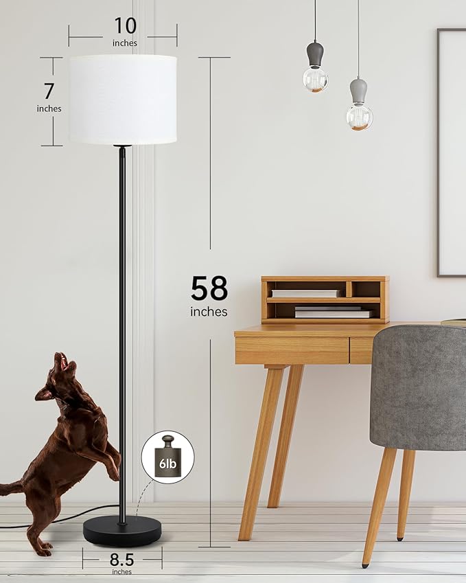 Floor Lamps Standing Lamp, Modern 58" Tall Lamp with White Lampshade, Simple Small Pole Lamp for Bedroom, Pedal Switch, Black Small Lamps for Kid Room/Office/Reading Room(E26 Base, NO Bulb)