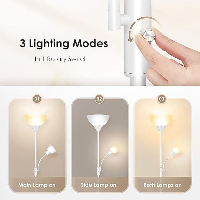 Floor Lamps for Living Room White, Standing Lamp, Torchiere Floor Lamps with Adjustable Reading Light, 71" Tall Pole Lamps, 3 Way Switch, Torch Corner Floor Lamp for Bedroom/Office(E26 Base, No Bulb)