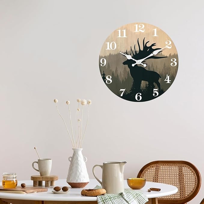 XFM Rustic Elk Deer Wall Clock 12 Inch Vintage Mountain Forest Wooden Clocks Silent Non-Ticking Battery Operated Decorative Round Clock for Cabin Kitchen Farmhouse Decor