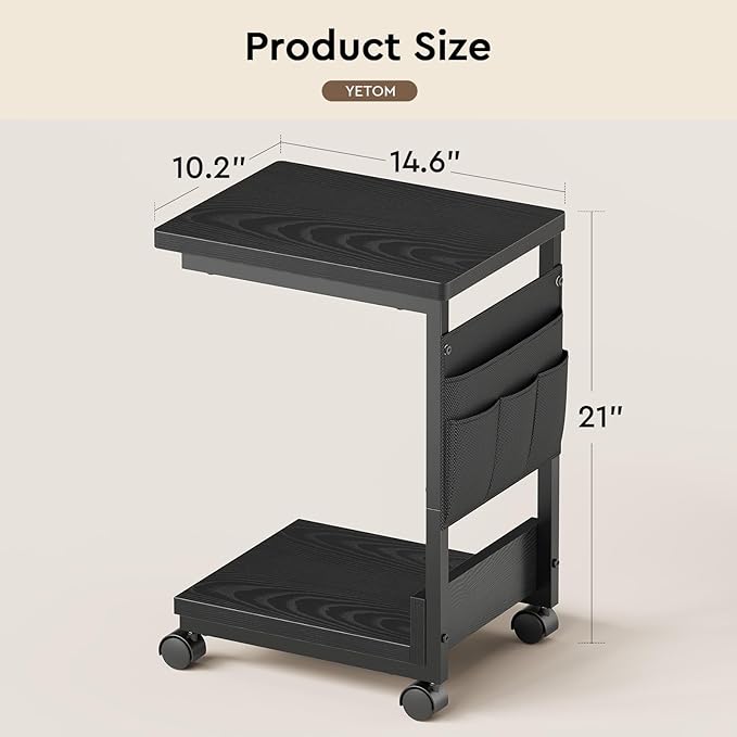 Side Table,C Table with 2-Tier Storage Shelf, End Table with a Storage Bag, Sofa Table with Wheels for Living Room, Bedroom, Office, Bathroom, Black