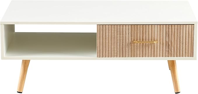 IANIYA Boho Coffee Table with Storage, Dining Table with Rattan Drawer and Solid Wood Legs, Small Center Tables for Living Room Small Space (White/Natural)