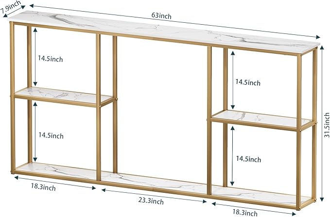 WOHOMO Gold Console Table,3-Tier Small Entryway Table for Hallway, Narrow Sofa Table Behind Couch for Living Room,Entrance(63 inch)