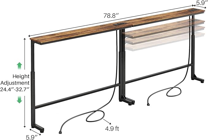Kitstorack 2-Pack Narrow Console Table with Adjustable Height (25"-33") & 2 Power Outlets, Skinny Behind Couch Table, 79" Long x 5.9" Wide Sofa Side Table for Living Room, Rustic Brown
