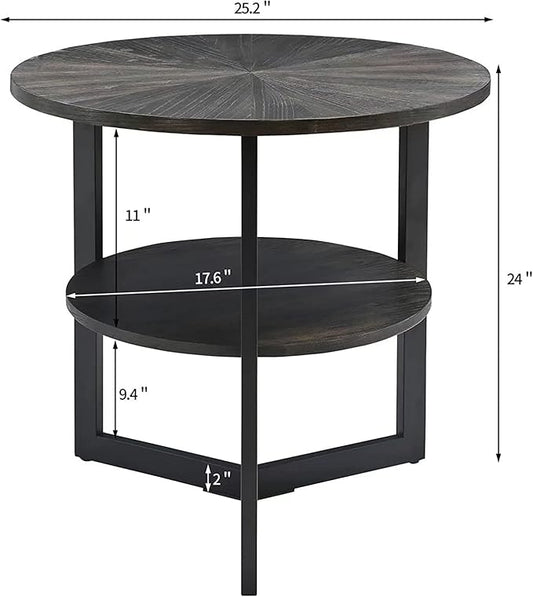 Round End Table with Storage Shelf, 25in Circel Accent Side Table with Metal Legs, 2-Tier Industrial Sofa Side Table for Living Room Bedroom, Black Brown