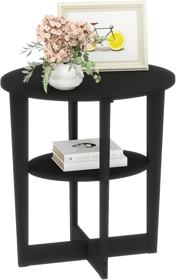 Living Room End Table, Small Side Table with 2-Tier Open Storage for Small Spaces, Apartment Home Office, Black