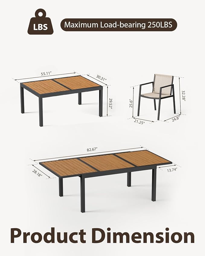 ZANDOR Expandable Patio Dining Table for 4-8 People, Aluminum Outdoor Square Table(55"-82.7") with Safety Lock,Adjustable Height-Wood Grain for Backyard,Garden,Porch, Yard,Poolside,Grey