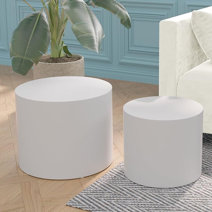 Kevinplus White Coffee Table Small Nesting Side Table Set of 2 for Living Room, Modern-Industrial Round