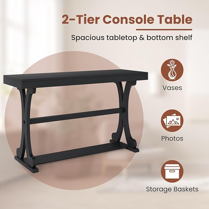 Giantex 52" Narrow Console Table, Vintage Accent Entryway Table with Open Storage Shelf, Long Wooden Behind Couch Sofa Table with Anti-tip Kit for Small Spaces Living Room Hallway (Black)