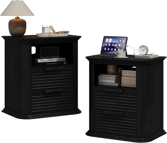 22'' Fluted Nightstand with Charging Station Set of 2, Modern End Table with 2 Drawers and Open Storage, Wood Night Stand with Round Corner, Side Table for Bedroom, Living Room, Curved Profile,Black