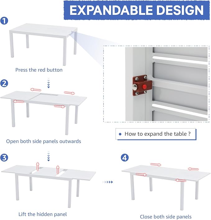 Soleil Jardin Aluminum Patio Extendable Dining Table, 59" - 83", Adjustable Indoor Outdoor Furniture Rectangle Table for 6-8 Person Porch Deck Garden, White