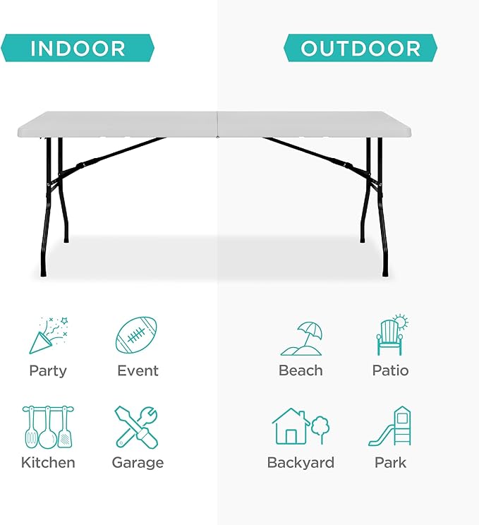 Best Choice Products 6ft Plastic Folding Table, Indoor Outdoor Heavy Duty Portable w/Handle, Lock for Picnic, Party, Camping - Light Gray