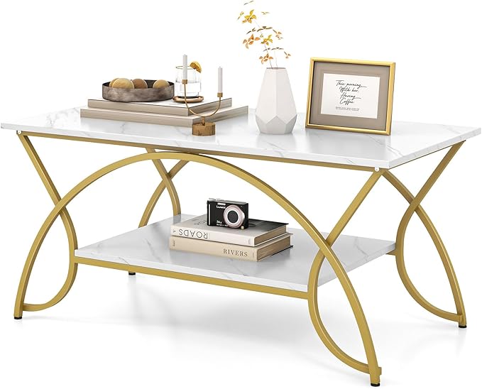 Giantex 2-Tier Rectangular Coffee Table, Faux Marble Table with Open Storage Shelf, Gold Finished Metal Frame, Modern Center Table for Living Room, Reception Room (White+Gold)