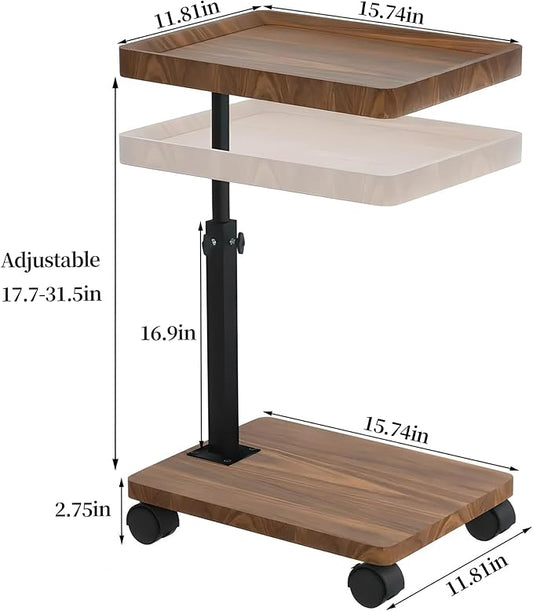 YYW Adjustable C Shaped End Table with Wheels - 360° Swivel TV Tray Table for Sofa/Bed/Bathtub, Slide Under Couch, Height Adjustable (17.7-31.5 Inches),Living Room, Bedroom, Study (Walnut Color)