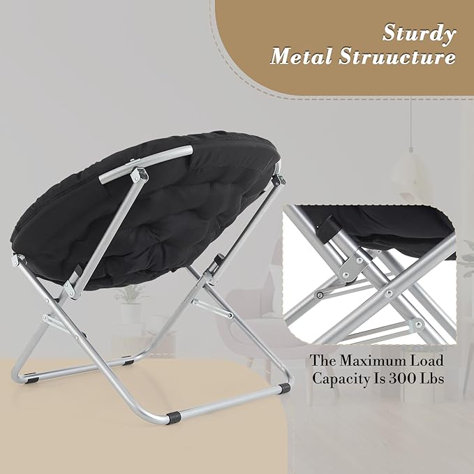 Athena Collection Comfy Saucer Chair, Folding Oversized Cozy Chair for Bedroom Living Room Fabric Reading Chair, Foldable Metal Frame Round Lazy Chair Moon Chair for Adult Set of 2, Black