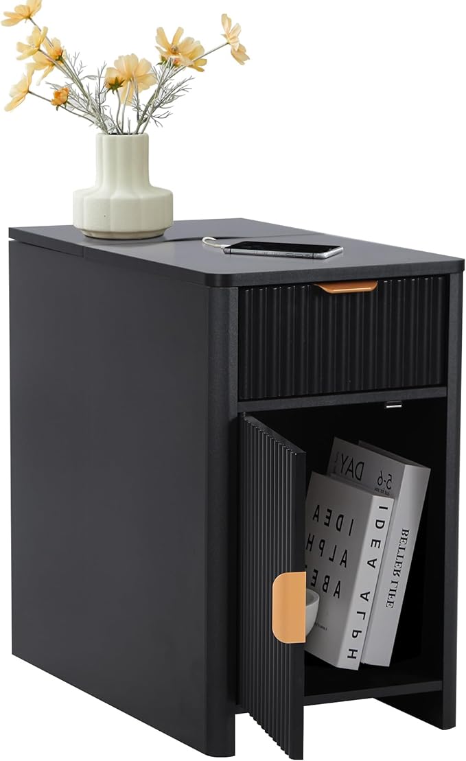 Fluted Narrow End Table with Charging Station, Black Side Table with Drawer Storage, Small Night Stand with Power Outlets and USB Ports, Sofa Side Table for Living Room - Black