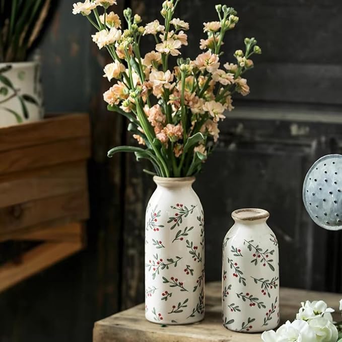 Ceramic Rustic Farmhouse Vase, Holly Pattern Flower Vase for Home Decor, Ideal Shelf Decor, Boho Vase for Living Room Bedroom Kitchen Office Decor Centerpiece Table Decorations (7.8 inches)…