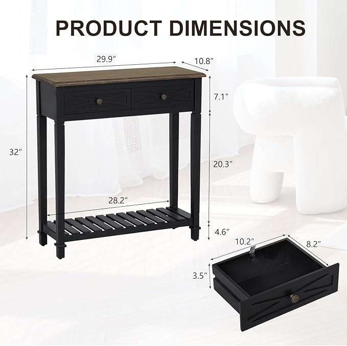 kinbor Narrow Console Table with Shelf ＆ Drawers Small Entryway Table Hallway Table for Entryway Living Room Bedroom Foyer Office Black