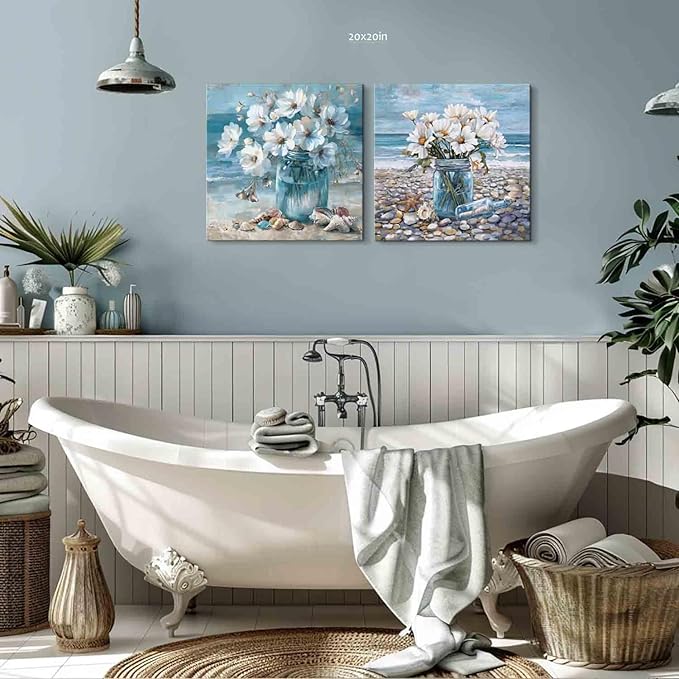 YUEYARIT Bathroom Wall Decor Beach Wall Art Ocean Theme Blue Picture Canvas Print Modern Coastal Artwork Framed Hanging Dining Office Living Room