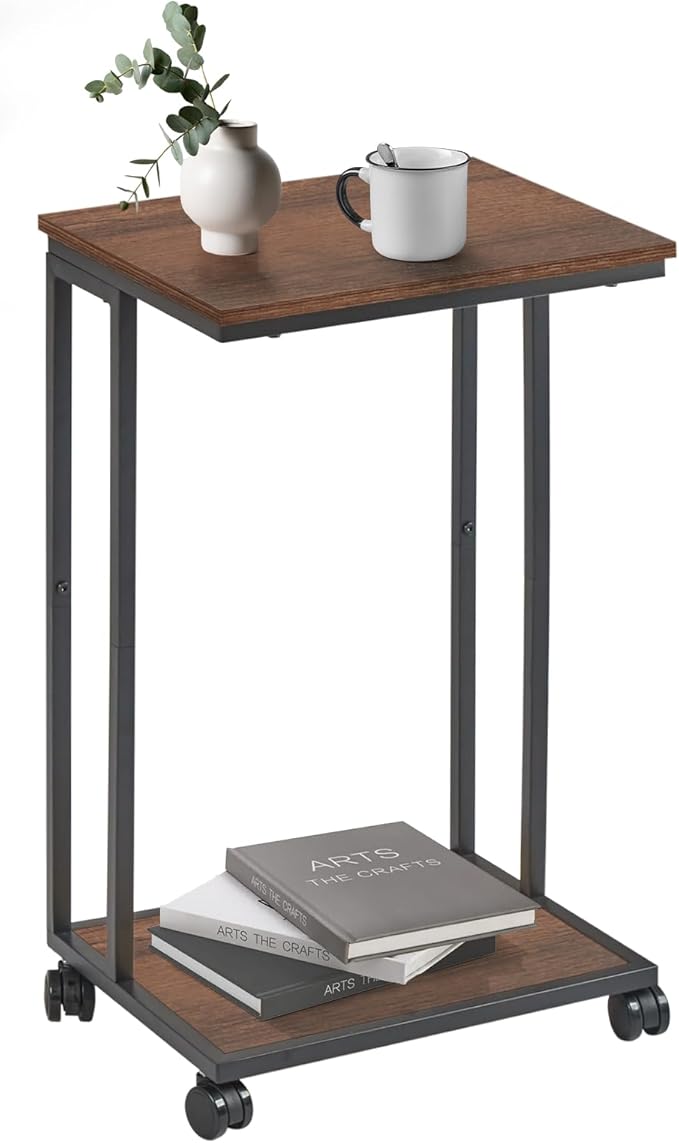 C-Shaped End Table for Couch, Slide Under Sofa Snack Table, Small TV Tray, C Table with Wheels, Laptop Desk for Living Room, Bedroom, Small Spaces,Brown