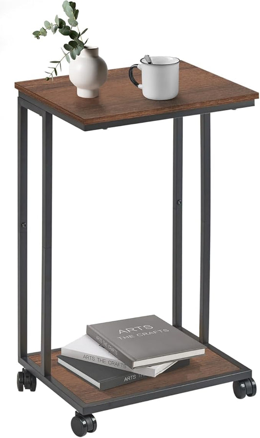 C-Shaped End Table for Couch, Slide Under Sofa Snack Table, Small TV Tray, C Table with Wheels, Laptop Desk for Living Room, Bedroom, Small Spaces,Brown