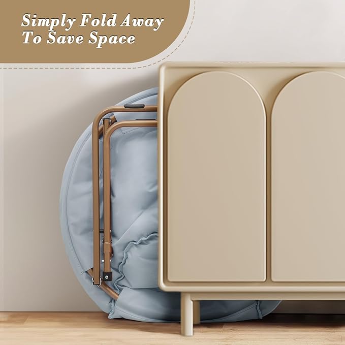 Athena Collection Saucer Chair with Ottoman Comfy Chair for Bed Room Living Room Folding Round Cozy Chair Faux Fur Metal Frame Foldable Lazy Chair Accent Chair Reading Chair, Blue