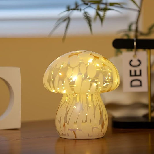 Small Glass Mushroom Table Lamp Night Light Bedside Desk Lamp for Bedroom Nightstand Light-White