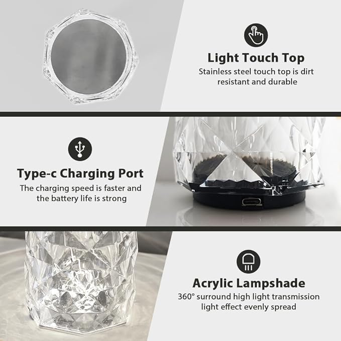 Portable Crystal Table Lamp, 3-Color Touch Control Rechargeable, 3-Levels Brightness Room Decor, Crystal Bedside Night Light for Kids, Bedroom & Dining Room (3-Color Rose)