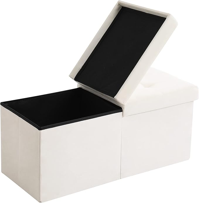 CUYOCA Storage Ottoman Bench Foldable Seat Footrest Shoe Bench End of Bed Storage with Flipping Lid, 75L Storage Space, 30 inches Velvet Cream