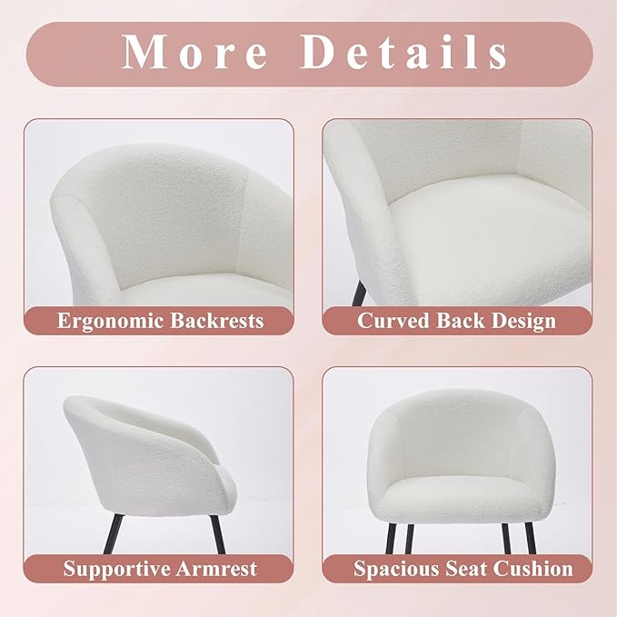 Modern Small Accent Chair, Comfy Sherpa Makeup Vanity Chair with Metal Legs, Decorative Chair no Wheels for Living Room, Dressing Room, Bedroom, White