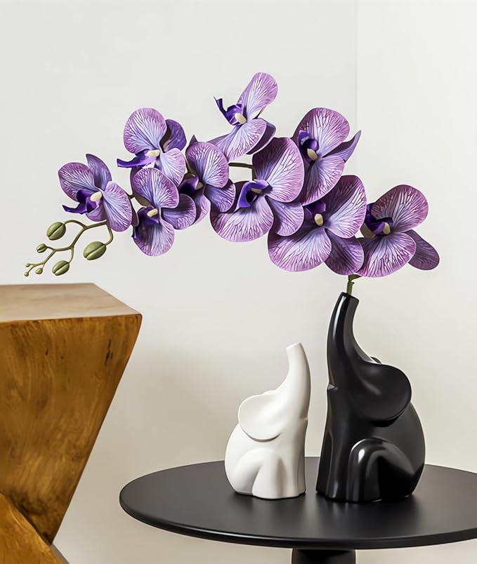 Loving Pair of Elephants,with Flower,Modern Ceramic Decor Statue,Good Luck Elephant,for Bookshelf Living Room Office Table Shelf Decorations.Gifts for Lover, Wife, Mother. (Black white purple)