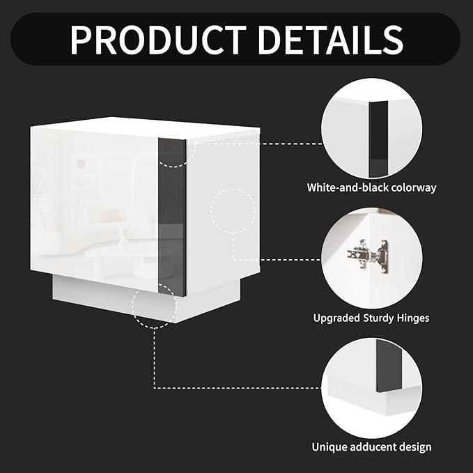 AMERLIFE 2PCS Entertainment Center Side Table Set with Storage, Modern High Gloss End Tables with 2 Cabinet Doors, for Living Room/Bedroom/Office, White/Black