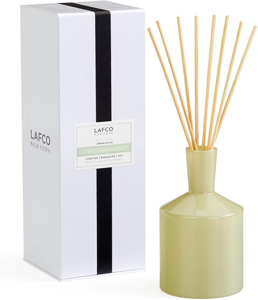 LAFCO New York Classic Reed Diffuser, Wild Honeysuckle - 6 oz - Up to 3 Months Fragrance Life - Reusable Glass Vessel - Natural Wood Reeds - Made in The USA