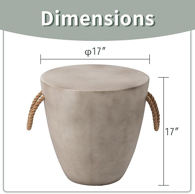 SUNBURY Outdoor Side Table Concrete Side Table, 17" H Small Outdoor Side Table End Table for Patio w Hemp Rope, Ceramic Round Coffee Table Accent Table Garden Outdoor Plant Stands