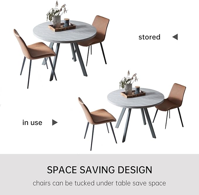 34.6'' Round Dining Table and Chairs for 2, Space Saving Modern Casual Coffee Table Set for Apartment Kitchen Dining Room (Grey Table+2 Brown Chairs)