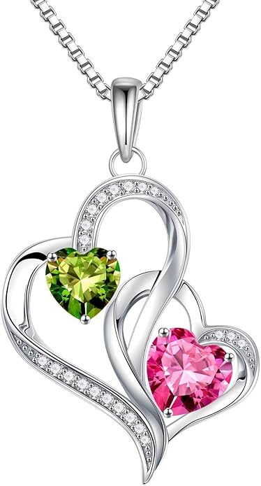 Iefil Christmas Gifts for Women - Double Heart Birthstone Necklace, 925 Sterling Silver Heart Pendant Necklace, Anniversary Birthday Gifts for Women | Personalized Jewelry Gift for Wife Mom Girlfriend