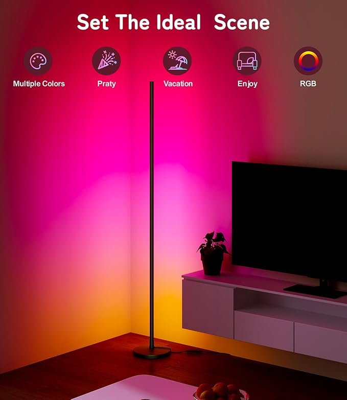 luckystyle Smart RGB Corner Floor Lamp,Bright LED Tall Modern Floor Lamp with APP and Remote,Ambient Lighting Color Changing Standing Lamps with Music Mode and Timing for Living Room,Bedroom,Party