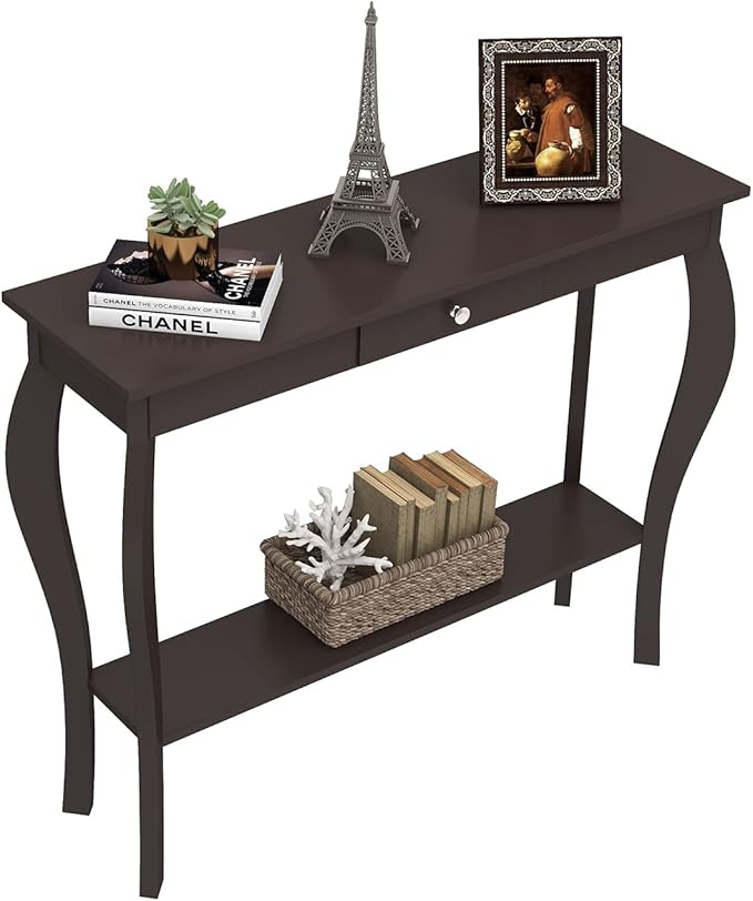 ChooChoo Narrow Console Table with Drawer, Chic Accent Sofa Entryway Table with Shelves for Entryway, Living Room, Hallway, Espresso