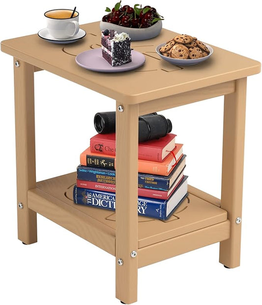 16.6'' HDPE Outdoor Side Table, Weatherproof Small Outdoor Table for Adirondack, Patio, Porch, Balcony, Poolside (2-Tier, Teak)