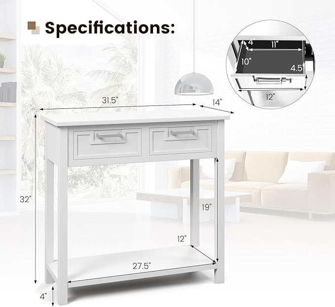 GOFLAME Console Table with 2 Drawers, 31” Entry Table with Storage Shelf, Modern, Narrow Sofa Table for Living Room, Hallway, Entrance (White)