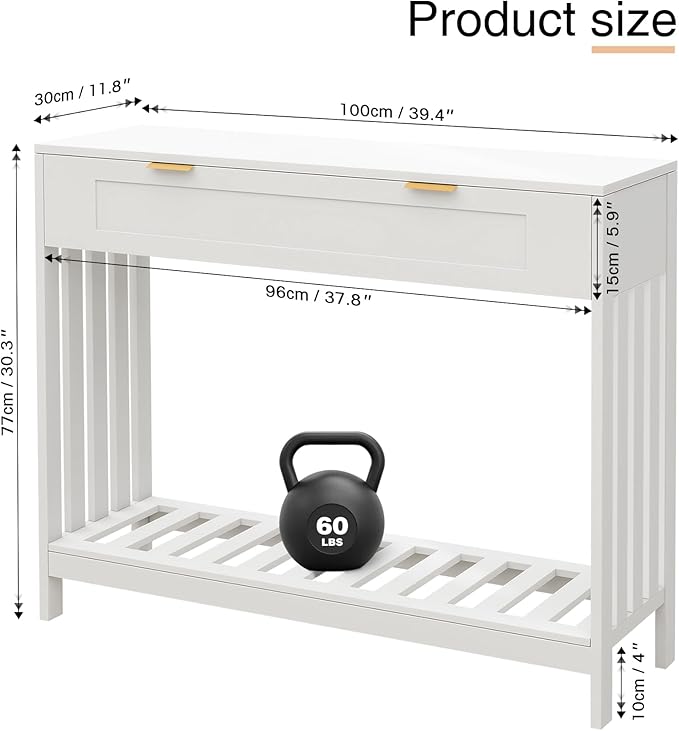 Entryway Table with Drawers Narrow Accent Sofa Table with Storage Shelf, Modern Wooden Console with Drawer Entry Table Storage Slats Shelf for Living Room,Entryway, Foyer, Hallway, White