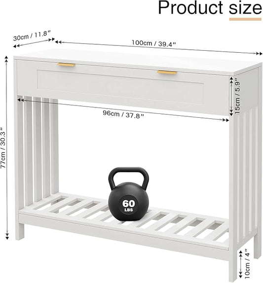Entryway Table with Drawers Narrow Accent Sofa Table with Storage Shelf, Modern Wooden Console with Drawer Entry Table Storage Slats Shelf for Living Room,Entryway, Foyer, Hallway, White