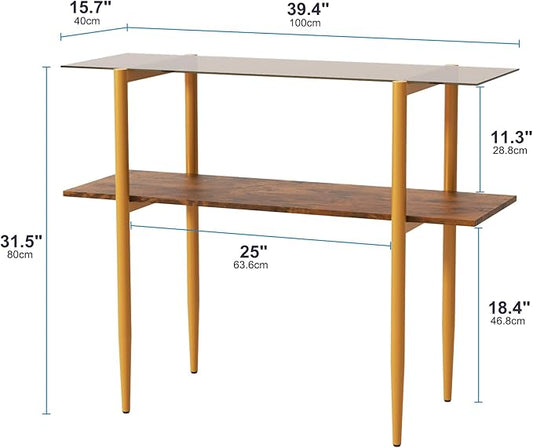 Glass Sofa Table, Mid-Century Modern Entryway Table with Tempered Glass & Golden Legs, 2-Tier Behind Couch Table for Living Room Hallway Entrance, Brown