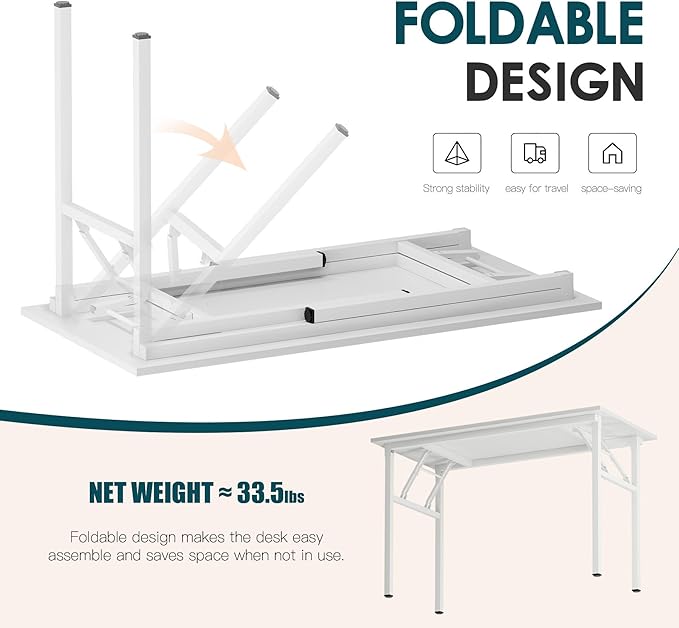 DlandHome Computer Desk 39’’ with LED Lights & Power Outlets,Folding Desk with Monitor Stand, Writing Desk Home Office Desk, Fully Assembled,White