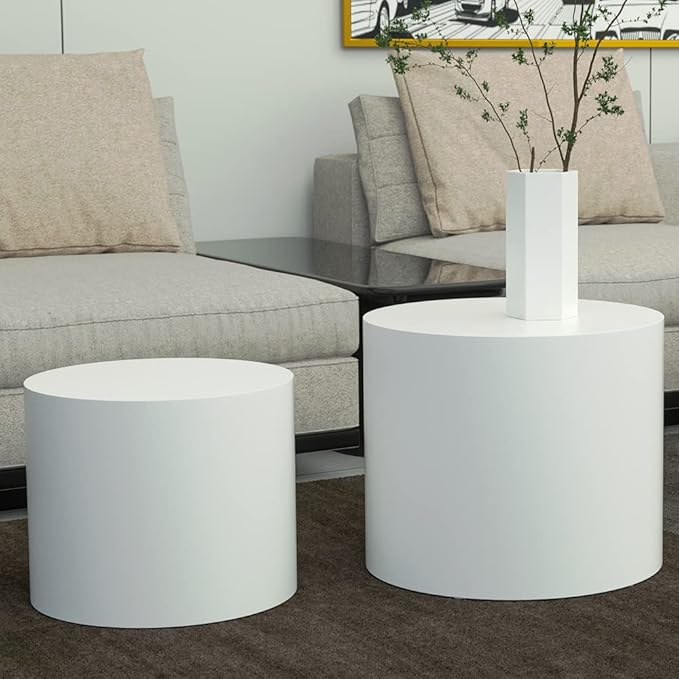 Kevinplus White Coffee Table Small Nesting Side Table Set of 2 for Living Room, Modern-Industrial Round