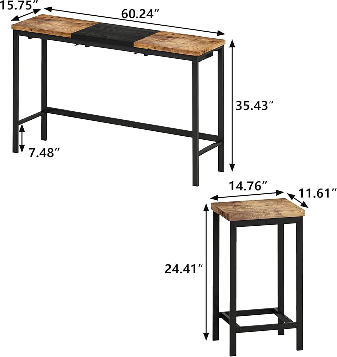 Merax 4 Piece Block-Color Pub Dining Table Set,Modern Bar Table Set with 60.24 Long Dining Table w/Hanging Stool Design and 3 Stools,for Breakfast Nook Living Room Small Space Restaurant,Natural+Black